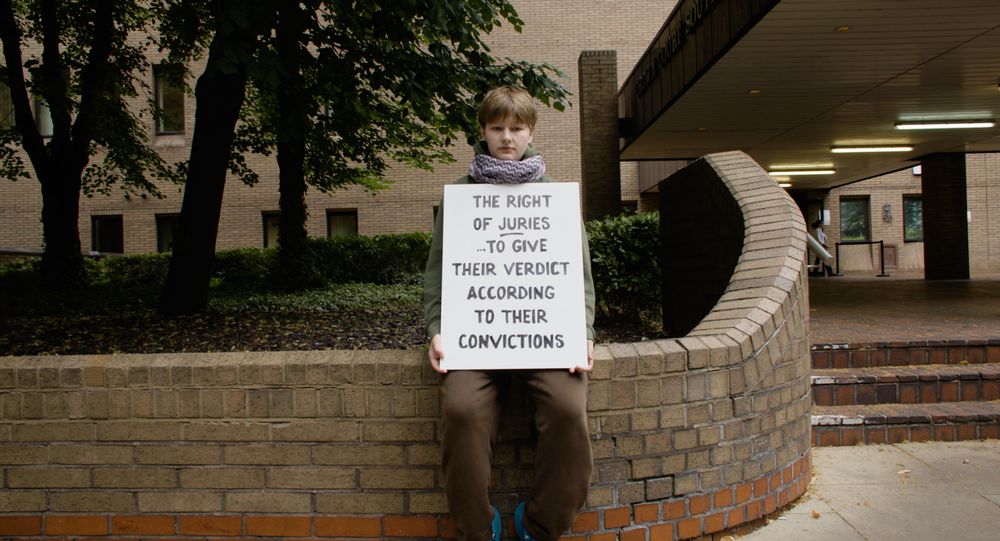 Defend Our Juries outside court