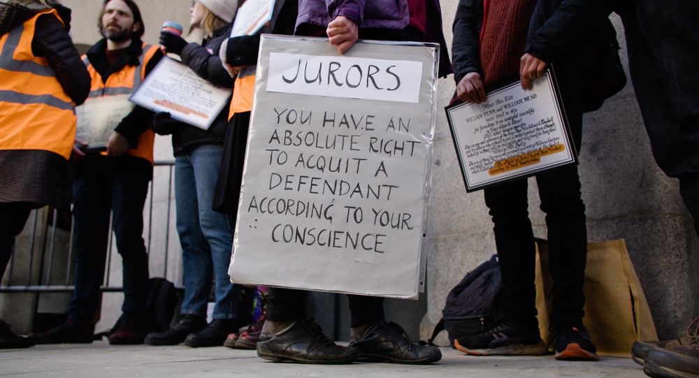 Trudi Warner's jury-rights placard